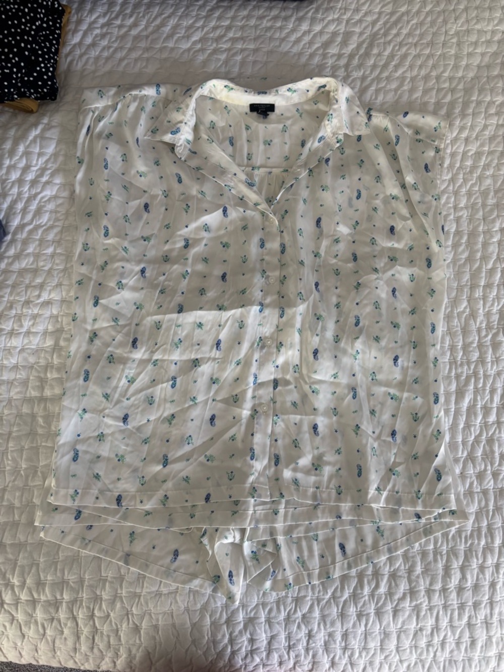 Silky Button-Up Matching Pajama Set in White with Blue & Green Floral Print